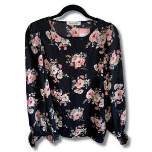 Black Long Sleeve Floral Top Cuffed Sleeves Women's